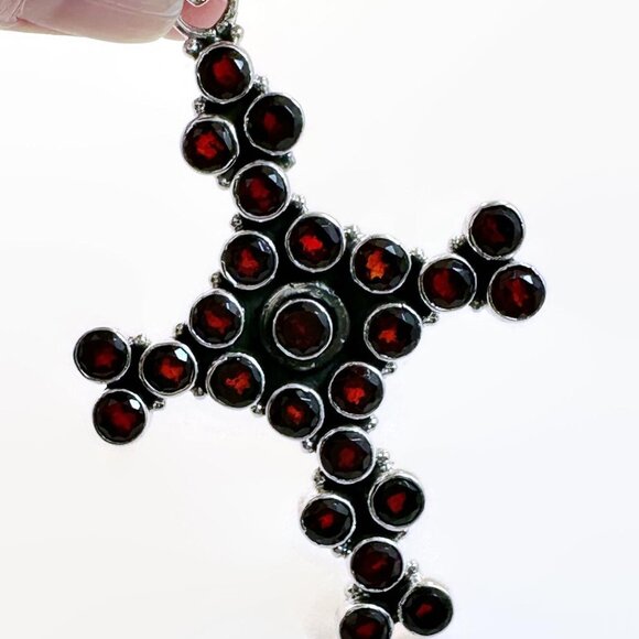 Garnet Cross, Sterling Silver, Gothic, Vintage Pendant, Garnet Pendant, Large - Picture 3 of 5
